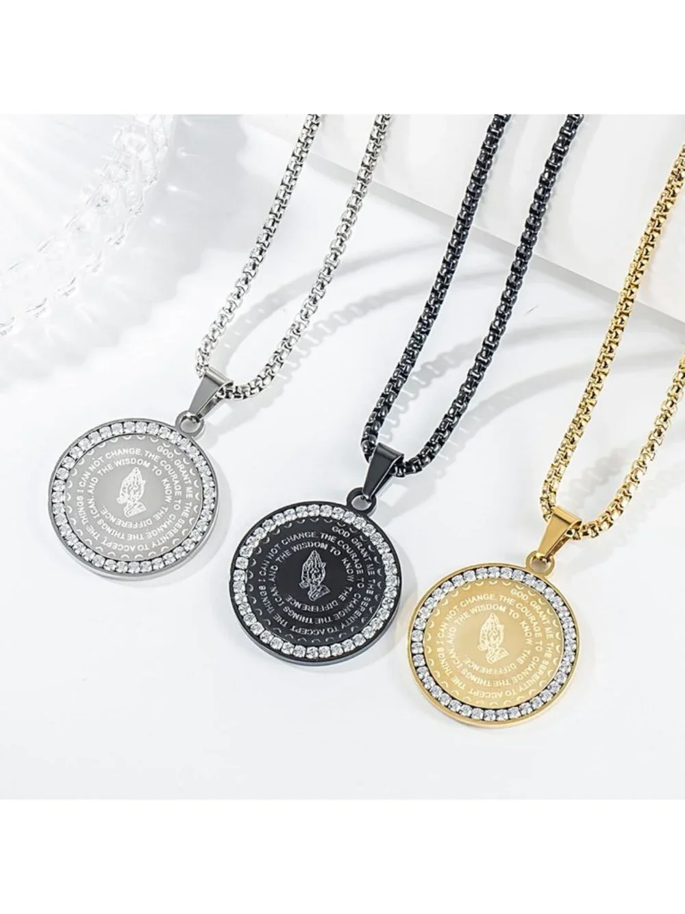 Stainless Steel Serenity Prayer Necklace with Praying Hands Coin Pendant for All
